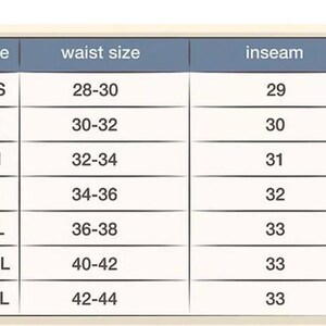 May include: A size chart with a light blue header and white text. The chart lists sizes XS to 3XL, waist sizes from 28-30 inches to 42-44 inches, and inseam measurements from 29 inches to 33 inches.