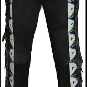 May include: Black leather pants with decorative white, blue, and green geometric patterns down the sides. The pants have fringe detailing along the sides. The pants are a classic style.