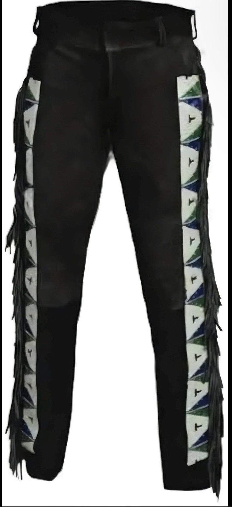 May include: Black leather pants with decorative white, blue, and green geometric patterns down the sides. The pants have fringe detailing along the sides. The pants are a classic style.