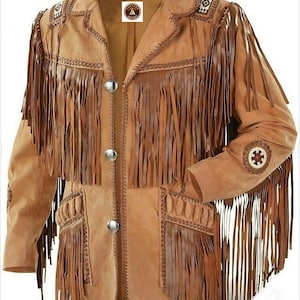 May include: A brown suede jacket with fringe detailing and decorative stitching. The jacket has a button closure and two pockets.
