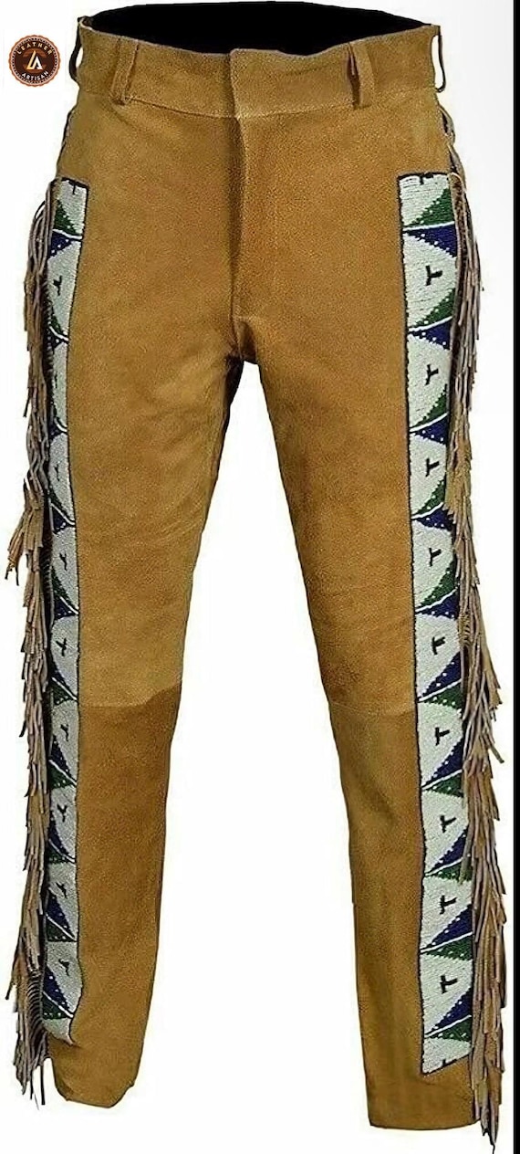 Men’s Western style Suede Genuine Leather Pant Native American, Buckskin Fringe, Cowboy