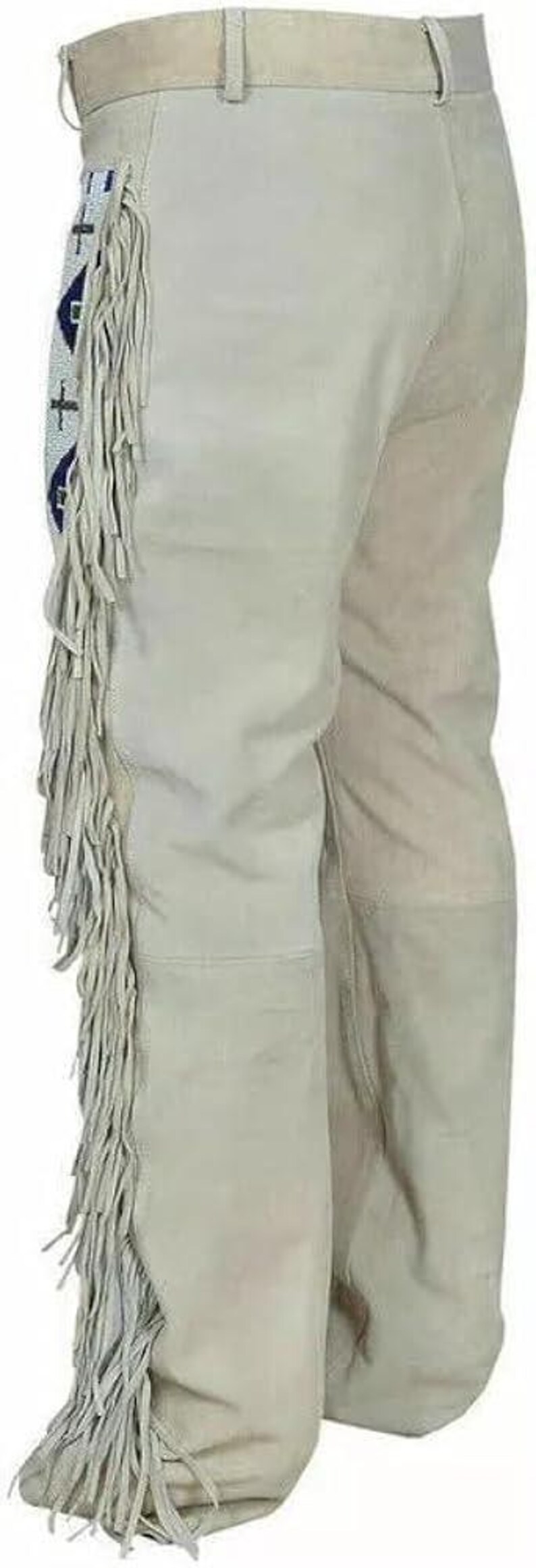 May include: Tan suede pants with decorative fringe along the side. The pants have a belt and a decorative beaded pattern in blue and white. These pants are a Western wear style.