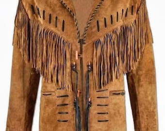 Men’s Traditional Western style Leather Jacket Coat With Fringes And cowboy jacket Brown