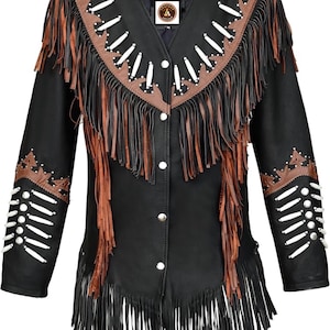 May include: Black leather jacket with brown and black fringe trim. The jacket has a button closure and is decorated with white beads and fringe.