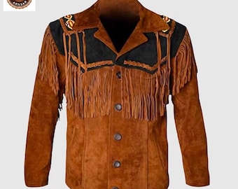 May include: Brown suede jacket with black accents and fringe detailing. The jacket features a button-up front, a notched collar, and decorative embellishments on the shoulders. A classic western-inspired garment.