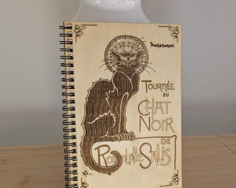 Libreta espiral A5 con madera grabada – Personalizable – Regalo para el Día del Padre, para el profesor, cumpleaños – Espíritu bohemio – Tournée du Chat Noir