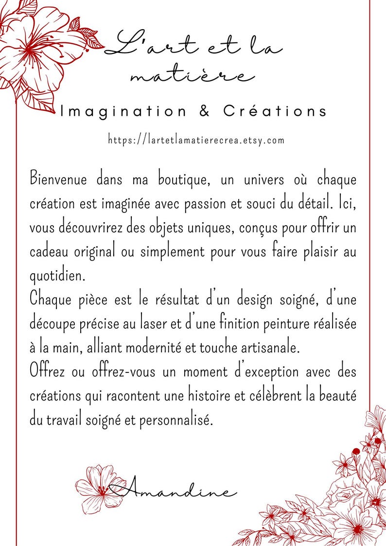 Puede incluir: Fondo blanco con texto en franc&eacute;s, incluyendo "L'art et la mati&egrave;re" y "Imagination & Cr&eacute;ations". Se incluye la URL de la tienda Etsy. Ilustraciones florales rojas adornan el texto.