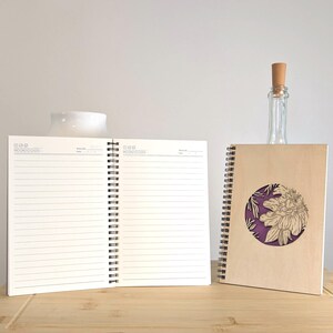 Puede incluir: Dos cuadernos con espiral sobre una superficie de madera. Uno est&aacute; abierto, mostrando p&aacute;ginas rayadas. El otro tiene una cubierta marr&oacute;n con un recorte circular que revela un fondo p&uacute;rpura y un dise&ntilde;o floral. Una botella de vidrio transparente con un tap&oacute;n de corcho est&aacute; detr&aacute;s de los cuadernos.