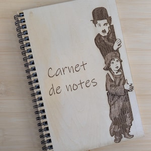 A5 Engraved Wood Spiral Notebook – Customizable – Father’s Day, Teacher, Wedding, Birthday Gift – Charlie Chaplin Edition