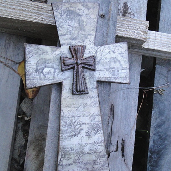 Wooden Distressed Cross with Vintage Toile Design