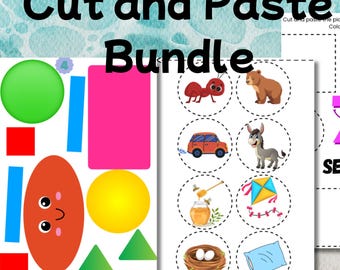 Scissor Skills Practice Bundle – Cut and Paste Letters, Numbers and Shapes Worksheets – Preschool and Kindergarten Fine Motor Printable PDF