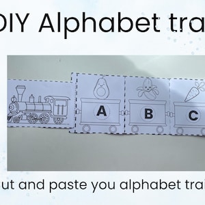 Tren del alfabeto colorido DIY, Hojas de trabajo para cortar y pegar, Aprendizaje divertido de reconocimiento de letras, Maqueta de tren para el aprendizaje en casa, Aprender a colorear