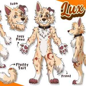 May include: A character reference sheet for a canine creature named Lux, featuring front, back, and side views, an icon, and a color palette. The character has cream-colored fur with red star and crescent moon markings, a black collar, and fluffy paws.