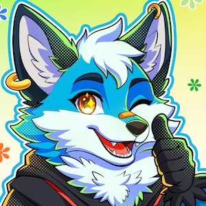 May include: A digital illustration of a blue and white anthropomorphic fox character with large ears, gold hoop earrings, and a black hoodie. The character is winking, smiling, and giving a thumbs-up gesture against a light yellow background.