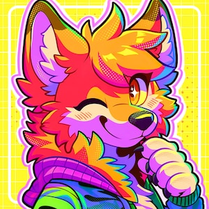 May include: A vibrant digital illustration of a fox character with bright orange, yellow, and pink fur. The fox has a winking expression, large expressive eyes, and is wearing a purple scarf and a green patterned jacket against a yellow grid background.
