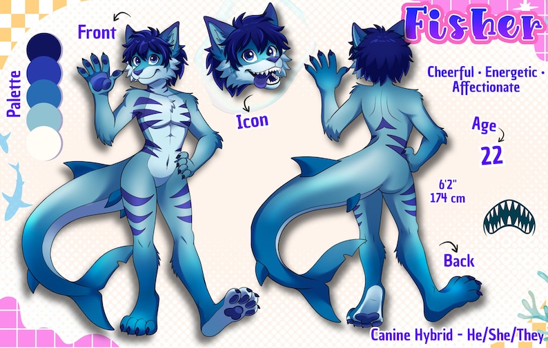 Eye catching ocean themed furry ref sheet featuring a blue shark canine hybrid with bold gradients from deep navy to bright cyan. This anthro fursona showcases a playful yet confident personality through clean lineart, expressive eyes, and dynamic posing. Includes front and back views plus a detailed close up portrait for clarity. Perfect for fursuit reference, character design, and custom OC display, with strong visual appeal, readable layout, and vibrant aquatic aesthetic