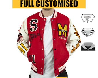Handmade Wool Varsity Jacket: Cowhide Leather Sleeves, Embroidered Patches Jacket