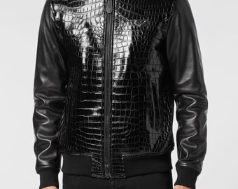 Handmade Crocodile Embossed Leather Biker Jacket: Luxury Bomber