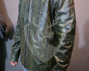 Green Python Print Leather Moto Jacket - Handmade Custom Fit Jacket