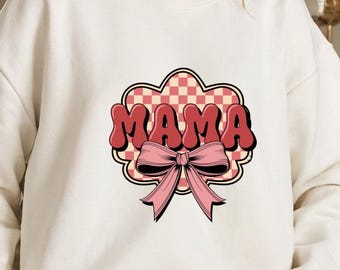 Retro Mama Sweatshirt, Pink Gingham Bow, Coquette Mom Crewneck
