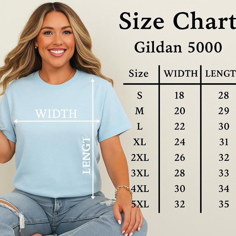 May include: A light blue t-shirt with a size chart for Gildan 5000 shirts. The chart shows sizes S to 5XL with width and length measurements in inches. A person is wearing the shirt and pointing to the measurements.