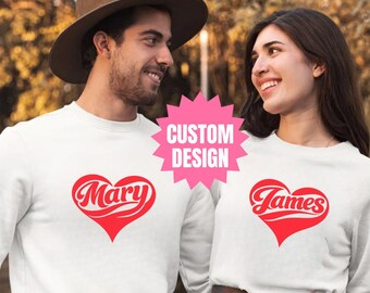 Personalized Name Heart Shirt, Custom Text Valentine Sweatshirt, Matching Couple Shirts, Cute Retro Heart Graphic Tee, Custom Message
