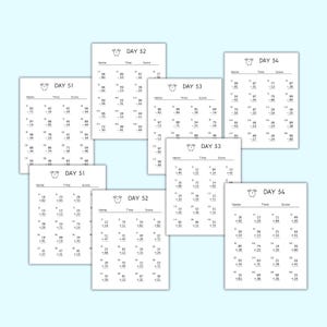 May include: A collection of white worksheets with math problems, featuring the days 51, 52, 53, and 54. Each sheet has a clock graphic and space for a name, time, and score. The worksheets are on a light blue background.