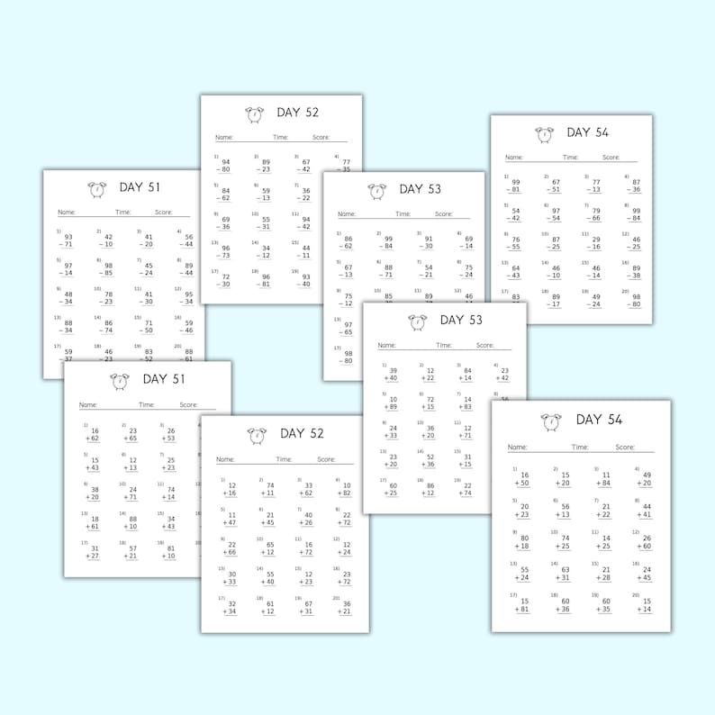 May include: A collection of white worksheets with math problems, featuring the days 51, 52, 53, and 54. Each sheet has a clock graphic and space for a name, time, and score. The worksheets are on a light blue background.