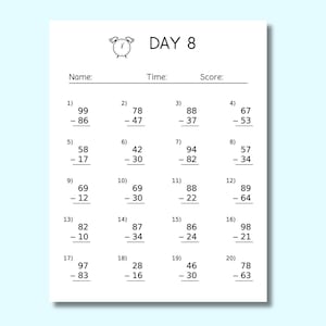 May include: A white worksheet with math problems for Day 8. The worksheet includes subtraction problems with space for a name, time, and score. A small clock graphic is at the top.