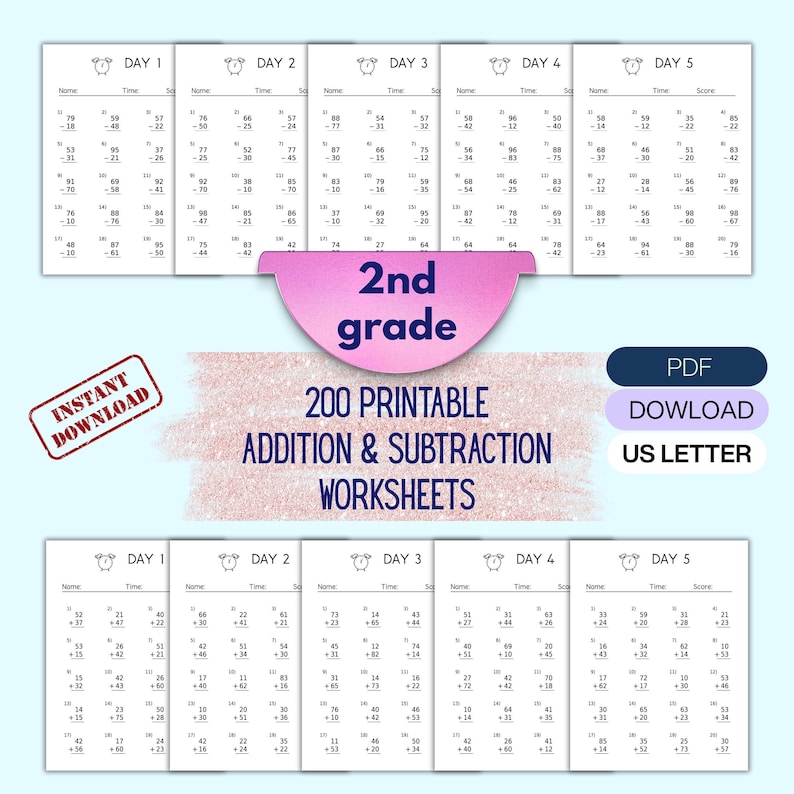 Addition, Subtraction Worksheets for Kids | 200 Printable Math Pages | Kindergarten, Preschool | Homeschool Math Bundle image 9