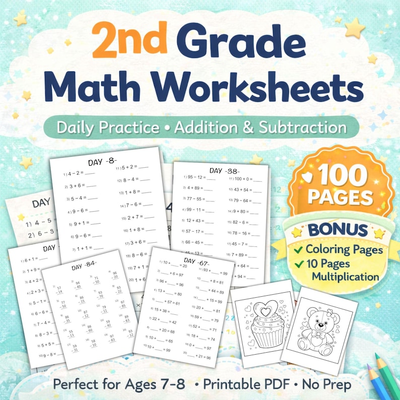 100 Days Math Worksheets for 2nd Grade | Addition - Subtraction | Easy ...