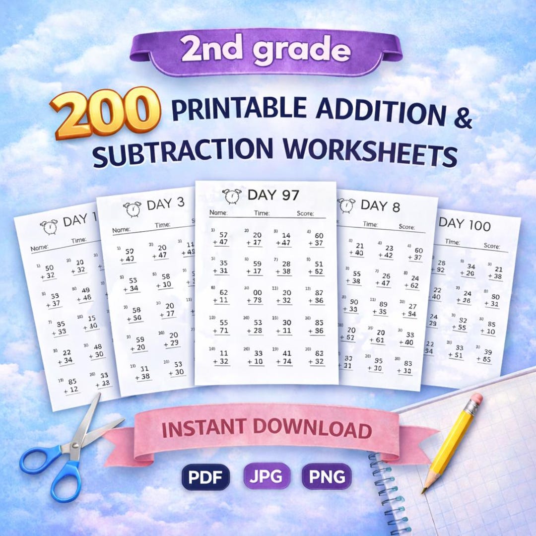 2nd Grade Math Worksheets: Addition & Subtraction Practice (PDF) - Etsy