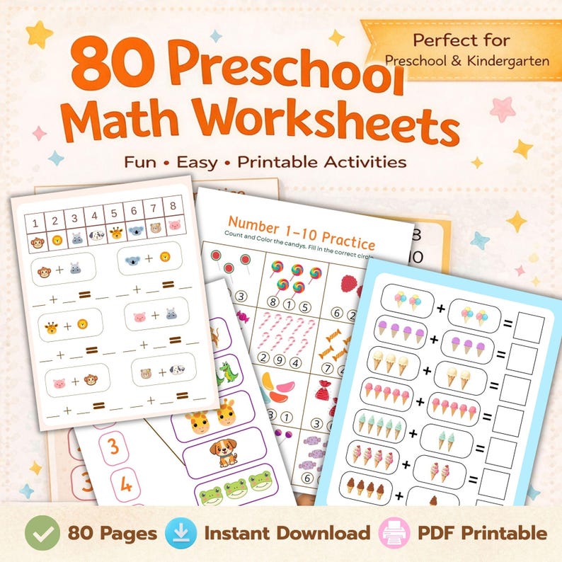 80 Preschool Math Worksheets | Counting, Numbers, Addition (PDF ...