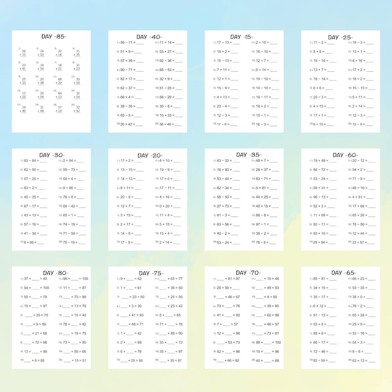 100 Days Math Worksheets for 2nd Grade | Addition - Subtraction | Easy ...
