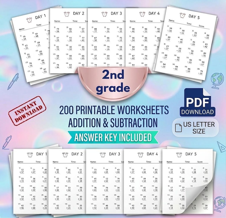 Addition, Subtraction Worksheets for Kids | 200 Printable Math Pages | Kindergarten, Preschool | Homeschool Math Bundle image 1