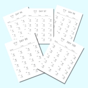 May include: A stack of five white math worksheets labeled "DAY 96" through "DAY 100". Each sheet has math problems with space for name, time, and score. The background is a light blue.