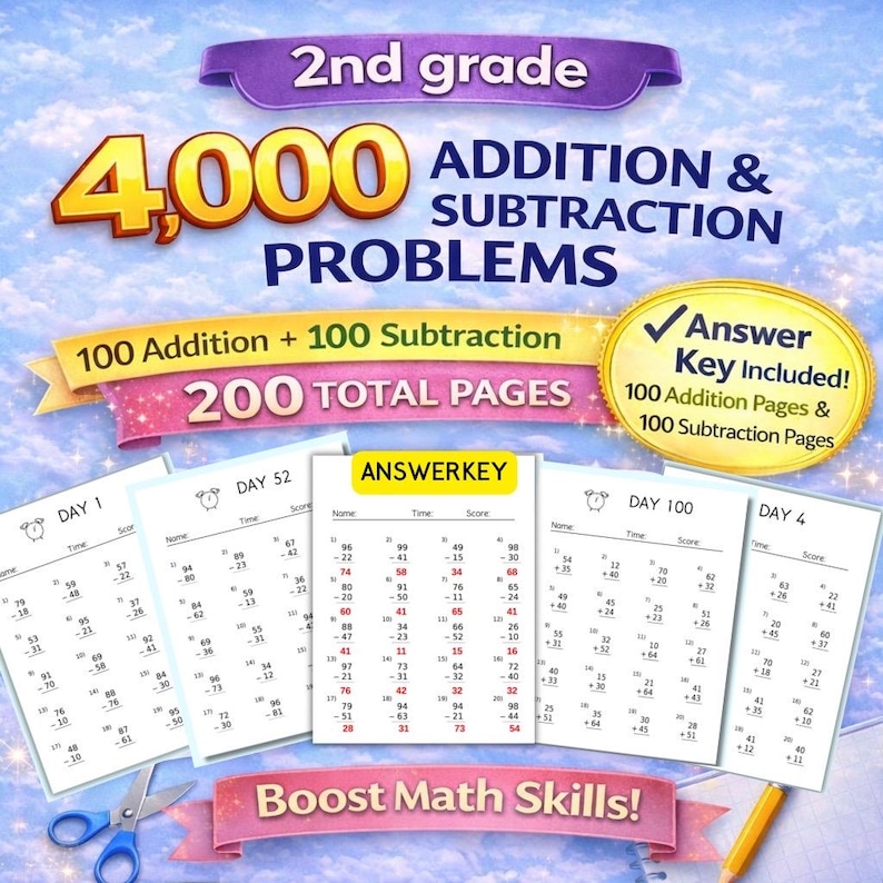 •	200 Pages
	•	4,000 Math Problems
	•	Answer Key Included
	•	2nd Grade
	•	Addition & Subtraction