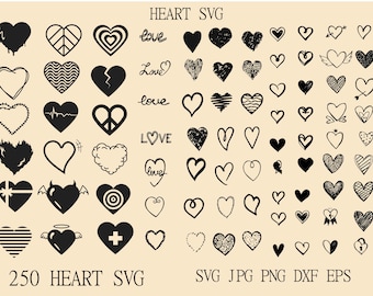 Könnte beinhalten: Eine Sammlung von 250 herzförmigen SVG-Designs in verschiedenen Stilen, darunter Voll-, Umriss- und gemusterte Herzen. Das Bild enthält den Text "HEART SVG" und Dateitypoptionen: SVG, JPG, PNG, DXF und EPS. Das Wort "love" ist ebenfalls in Schreibschrift geschrieben.