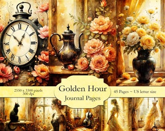 Golden Hour Journal Pages, Vintage, Printable, Floral Scrapbook and Papercraft Ephemera