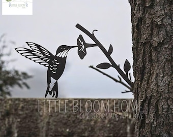 Metal Hummingbird Garden Stake, Tree Trunk Decor