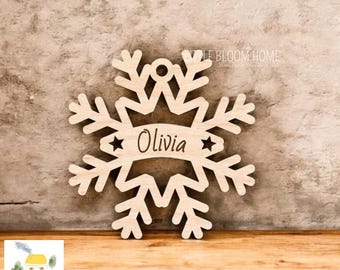 Personalized Wooden Snowflake Ornament, Laser Cut Bauble