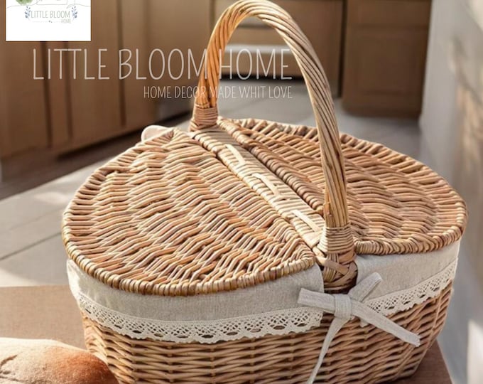 Handwoven Wicker Picnic Basket with Lid, Rustic Vintage Style