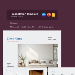 Design Presentation for Interior Designers, Moodboard Template, Portfolio, Floor plans, Finishes, Canva Powerpoint Google Slides in 4 sizes
