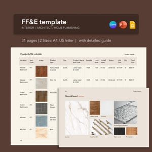 FFE finaliza pacote de modelos de apresentação de cronograma e design para designer de interiores, editável em Canva, Powerpoint, Slides | Carta EUA, A4