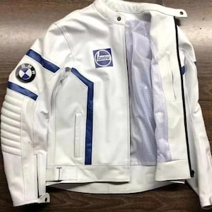 BMW white biker leather jacket vintage style BMW cowhide leather biker racing leather jacket biker leather jacket gift for him