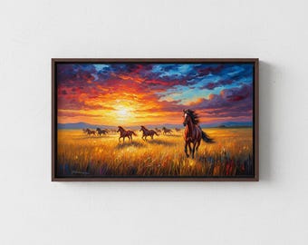 Stampa su tela di cavalli selvaggi / Dipinto di paesaggio al tramonto, arredamento ranch