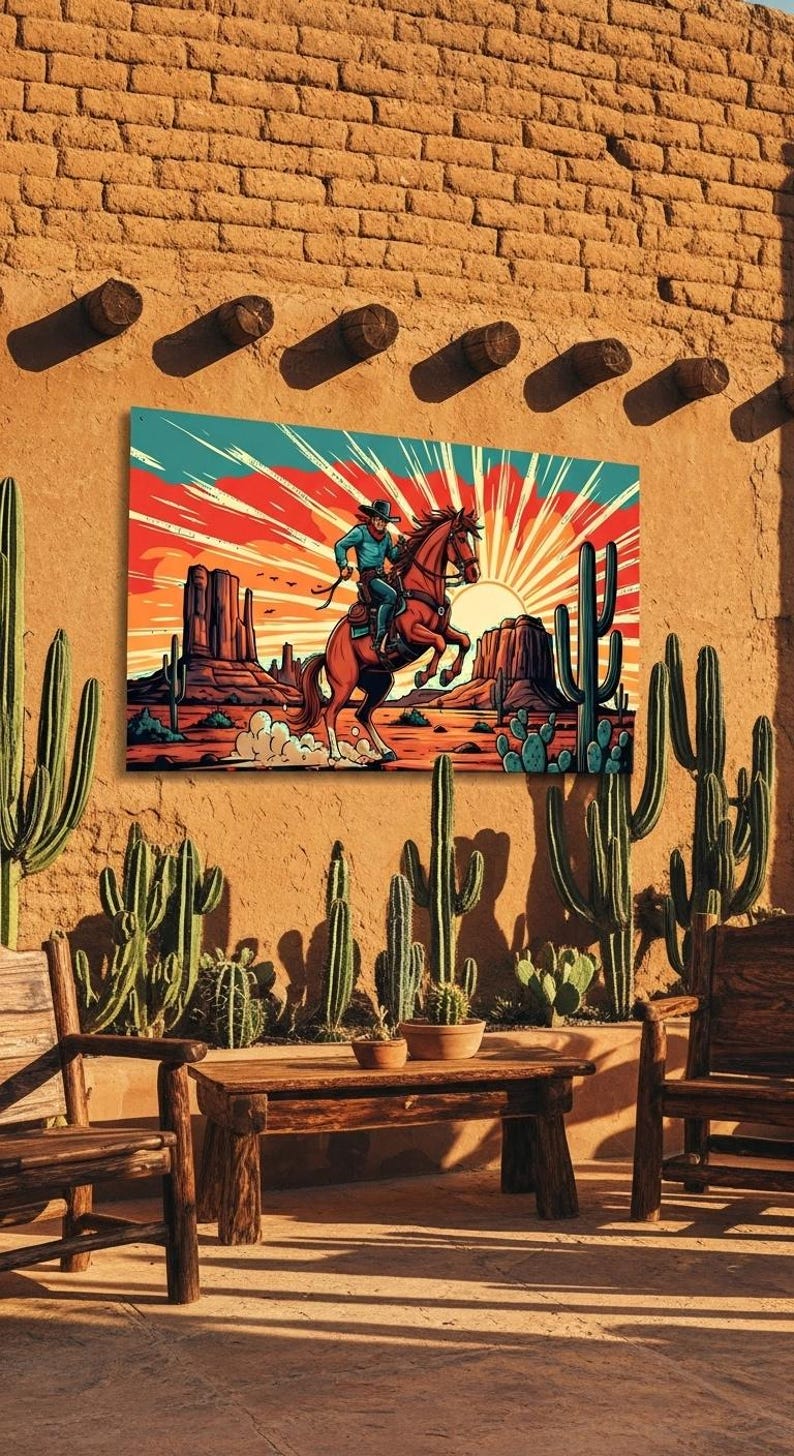 Retro Cowboy Desert Art Print: Vintage Western Horse Rider Illustration ...