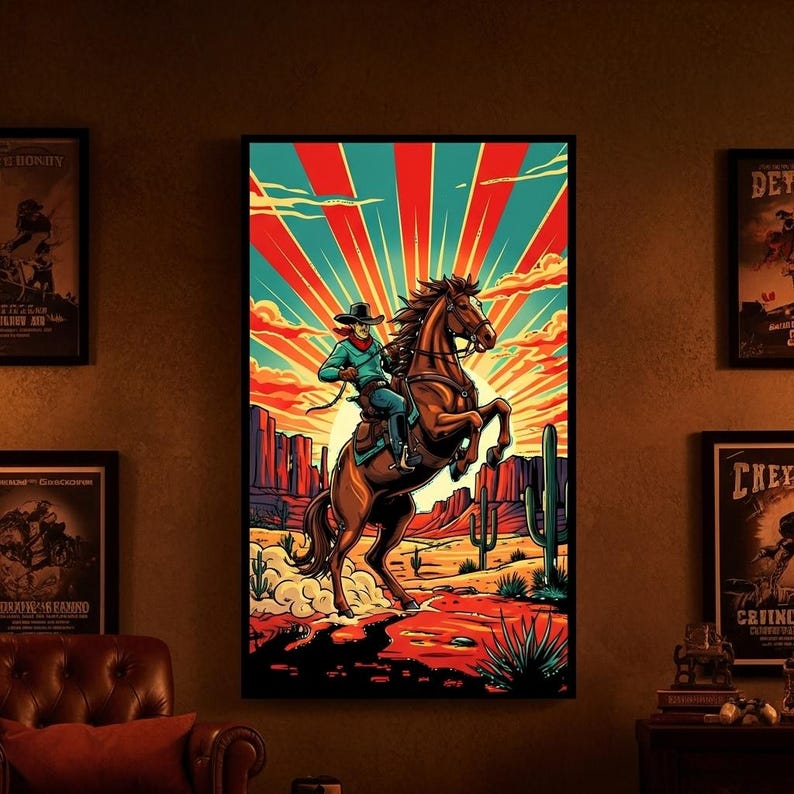 Retro Cowboy Horse Print: Vintage Western Desert Wall Art - Etsy