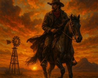 Cowboy Sunset Leinwanddruck: Rustikaler Reiter im Westernstil