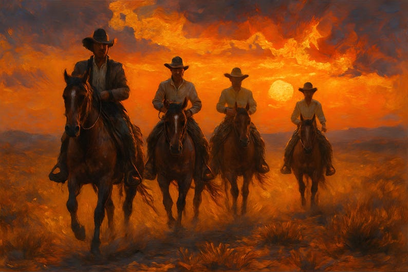 Western Cowboy Canvas Wall Art – Sunset Horseback Riders Painting ...